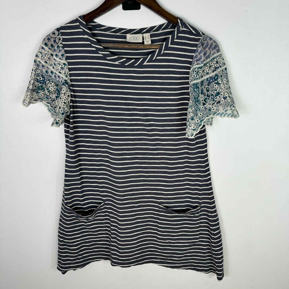 LOGO Lori Goldstein Striped Tunic Top XS‎ Navy Boho Lagenlook Cottage Preppy